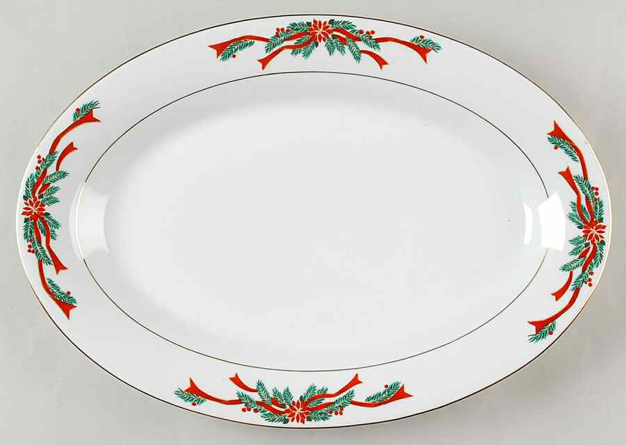 Poinsettia & Ribbons 14" Oval Serving Platter by Fine China of China-1