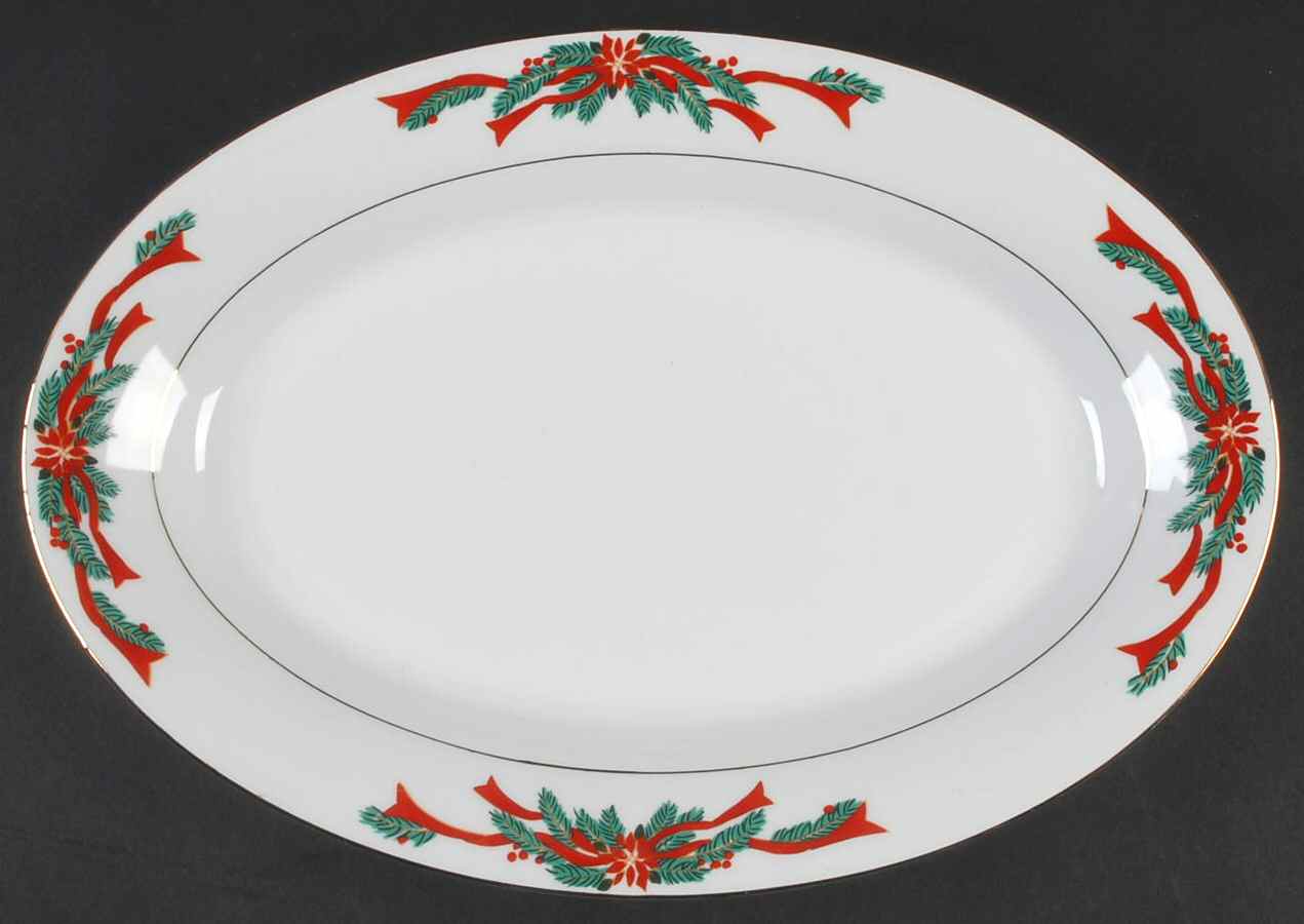 Poinsettia & Ribbons 13" Oval Serving Platter by Fine China of China-1