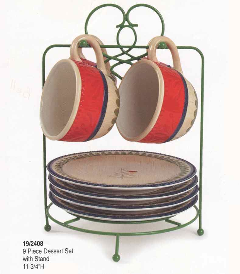 New Haven Holiday (9 Pc) Dessert Set (4 DES, 4 MUG, & Metal Stand) by Fitz & Floyd-1