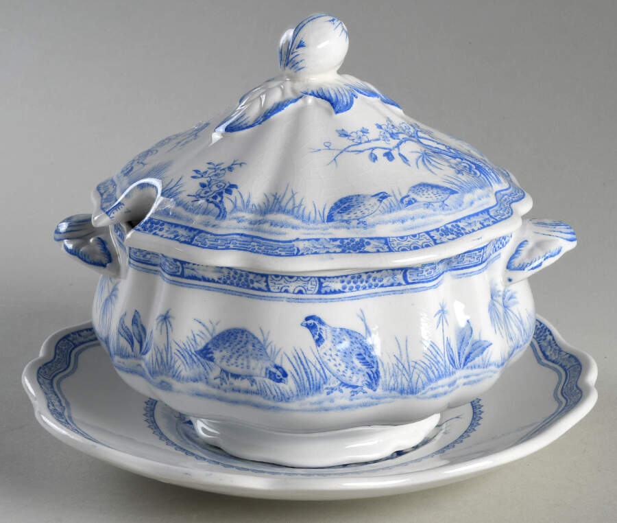 Quail Blue (Blue Ship Backstamp) Gravy Boat & Lid w/Underplate by Furnivals-1