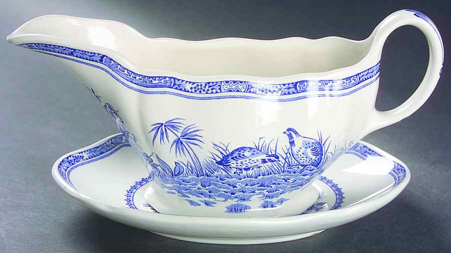 Quail Blue (Blue Ship Backstamp) Gravy Boat & Underplate by Furnivals-1