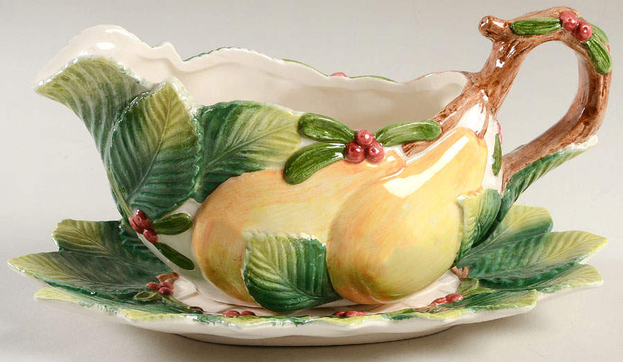 Woodland Partridge & Holiday Pear Gravy Boat & Underplate by Fitz & Floyd-1