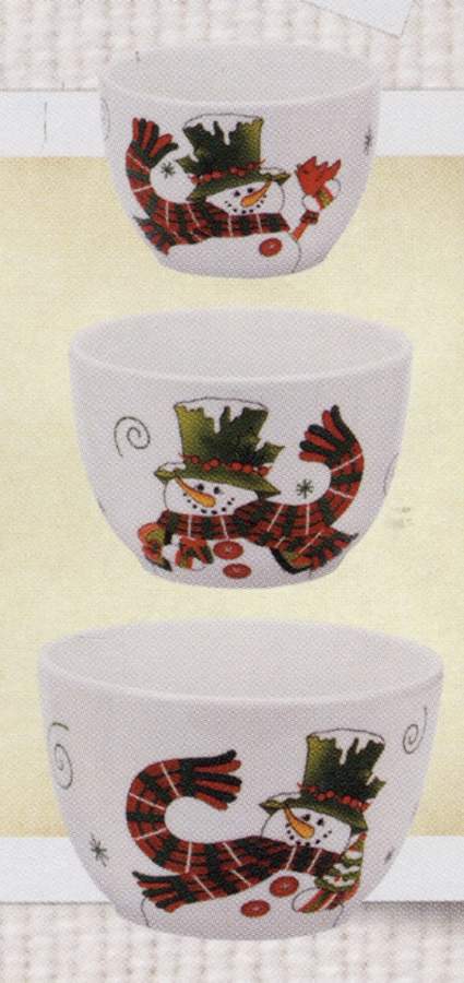 Holly Hat Snowman (3 Piece) Nesting Bowl Set (two 4" & one 5") by Fitz & Floyd-1