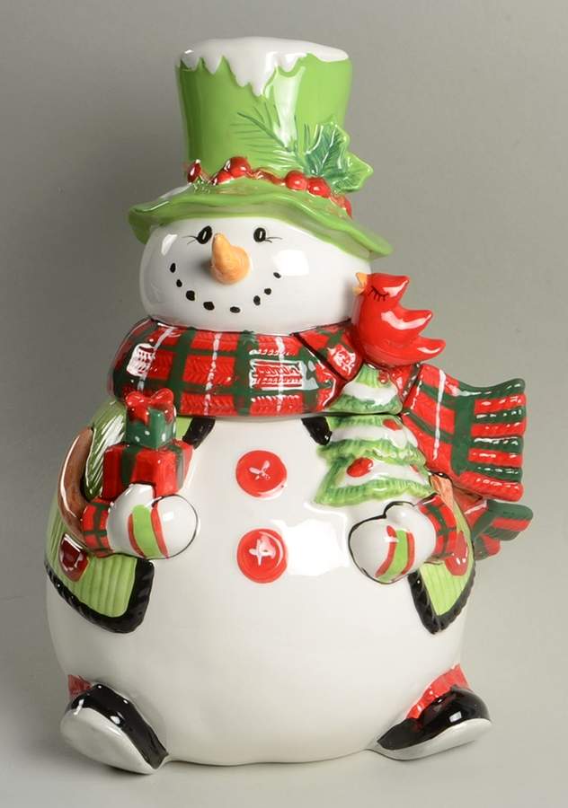 Holly Hat Snowman Figural Cookie Jar & Lid by Fitz & Floyd-1