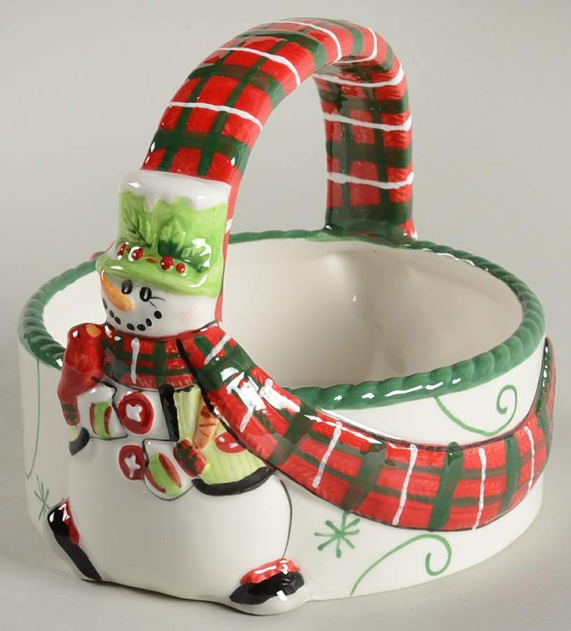 Holly Hat Snowman Figural Basket with Handle by Fitz & Floyd-1