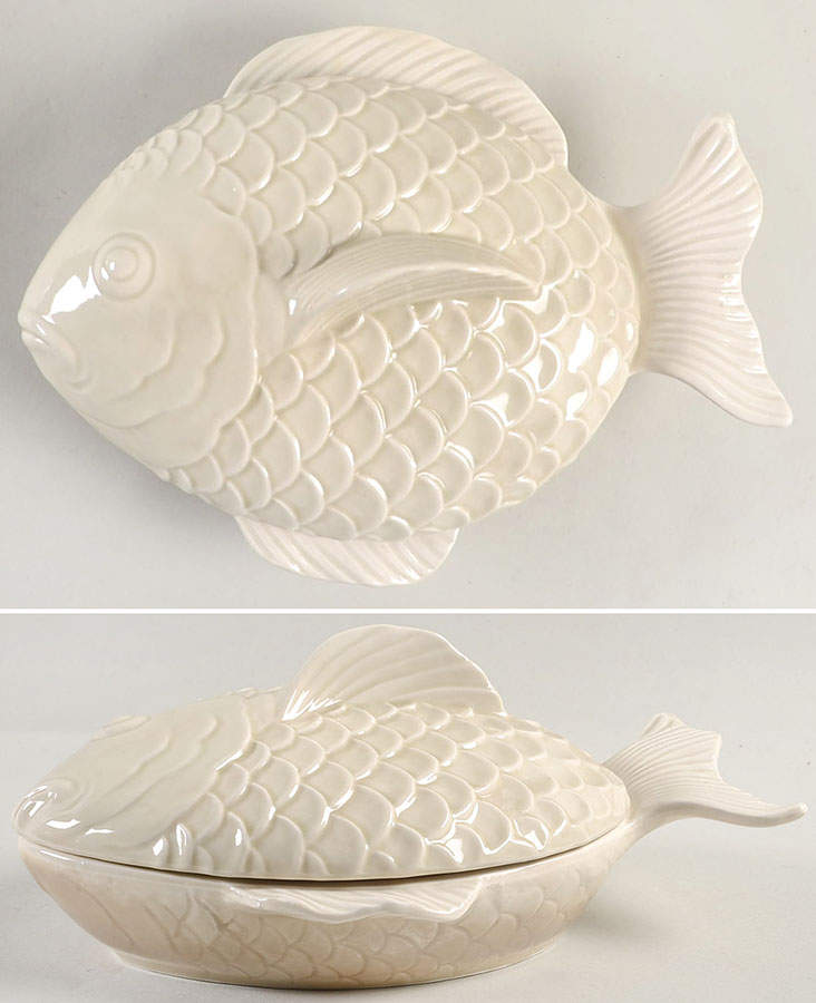 Shell with Fish (Giftware) Fished Shaped Server & Lid w/Saucer by Fitz & Floyd-1