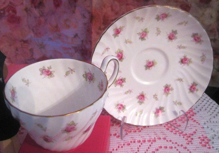 Dainty Rose-Swirl Rim Footed Cup & Saucer Set by Foley-1