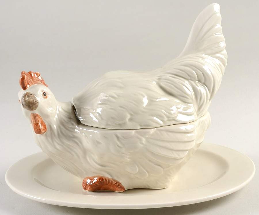 Chicken Putty Gravy Boat & Underplate with /Lid & Ladle by Fitz & Floyd-1