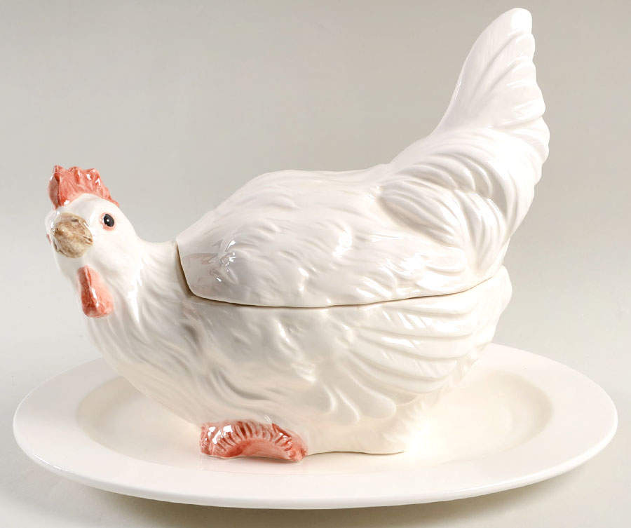 Chicken White Gravy Boat & Lid w/Underplate by Fitz & Floyd-1