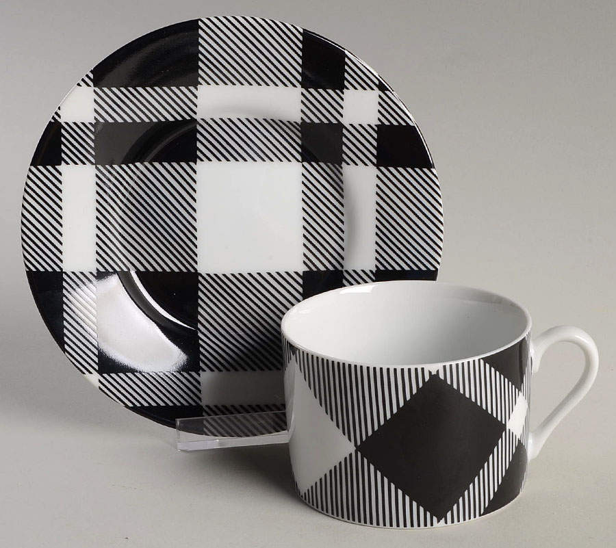 Black and White Plaid Flat Cup & Saucer Set by Fitz & Floyd-1