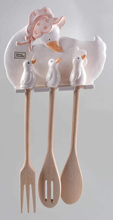 Gladys Duck Hanging Utensil Holder w/3 Wood Utensils by Fitz & Floyd-1