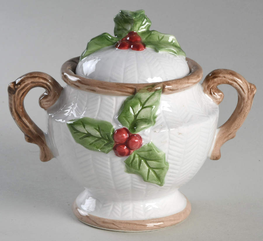 Holly Herringbone Sugar Bowl & Lid by Fitz & Floyd-1