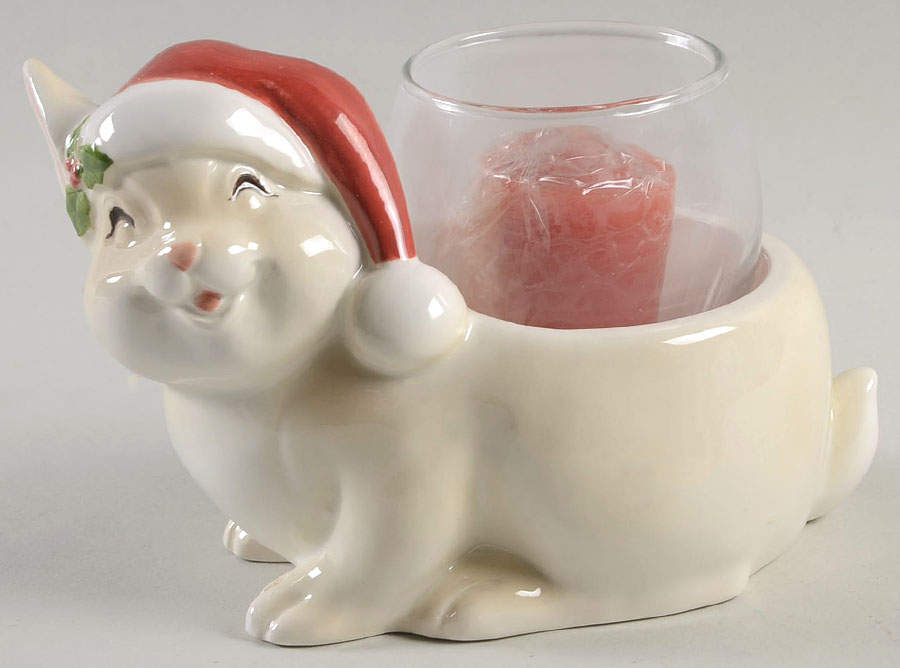 Happy Christmas Rabbit Votive Candleholder with Glass Globe by Fitz & Floyd-1