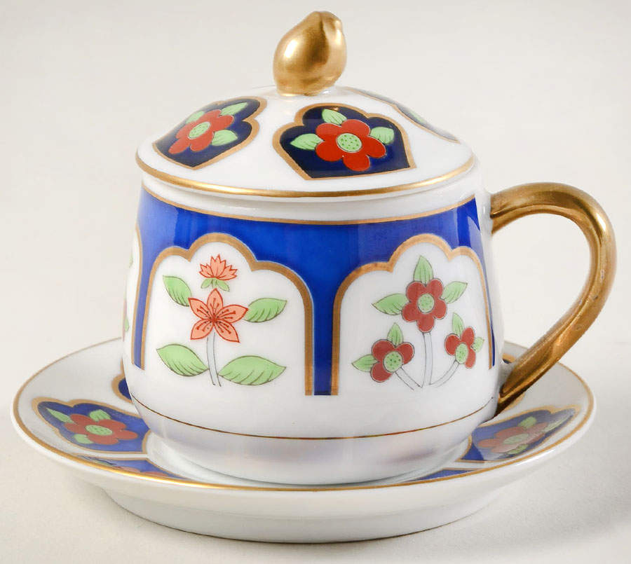 Oriental Flower 3-Piece Pot de Creme with Underplate by Fitz & Floyd-1