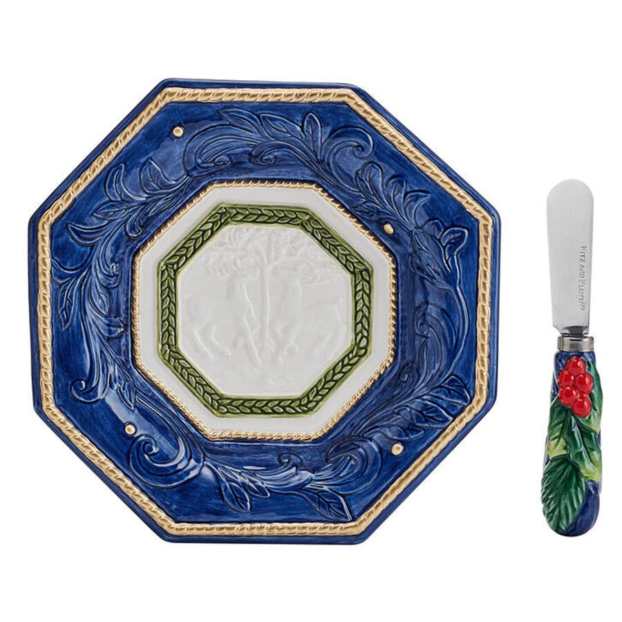 Telluride Santa-Blue Snack/Canape Plate & Spreader by Fitz and Floyd-1