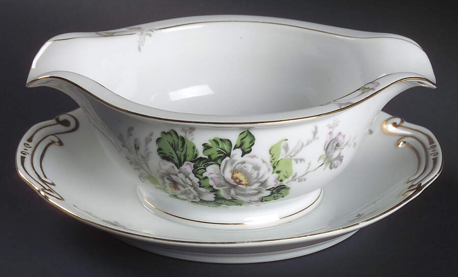 White Dahlia Gravy Boat with Attached Underplate by Gold Coast-1