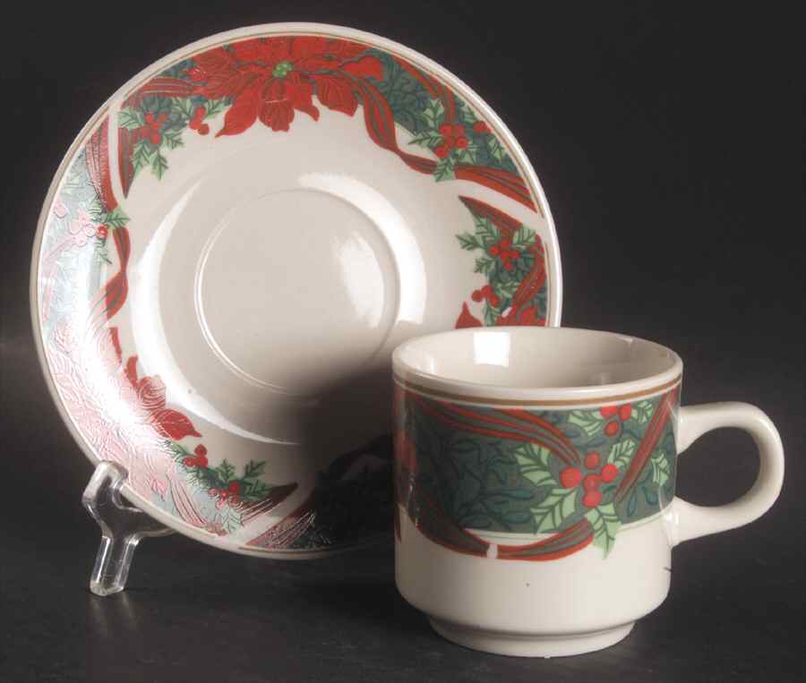 Christmas Holly (Green Stamp) Footed Cup & Saucer Set by Gibson Designs-1