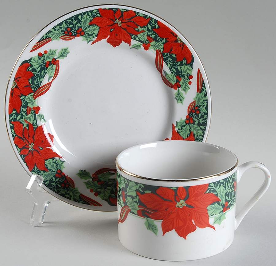 Christmas Holly (Green Stamp) Flat Cup & Saucer Set by Gibson Designs-1