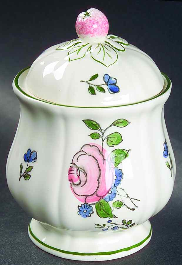 Lorraine Rose Green Sugar Bowl & Lid by Faiencerie De Gien-1