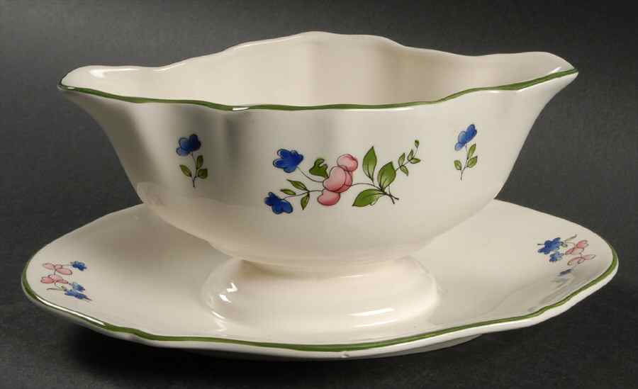 Lorraine Rose Green Gravy Boat with Attached Underplate by Faiencerie De Gien-1