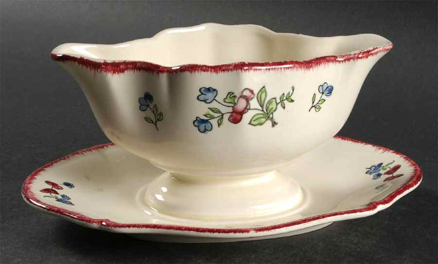 Lorraine Rose Red Gravy Boat with Attached Underplate by Faiencerie De Gien-1