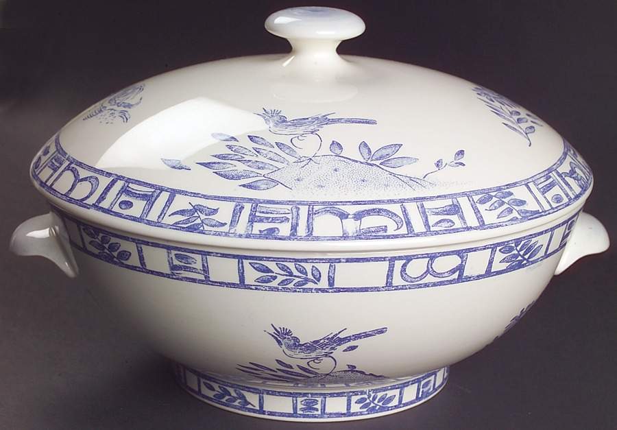 Oiseau Bleu Round Covered Vegetable by Faiencerie De Gien-1