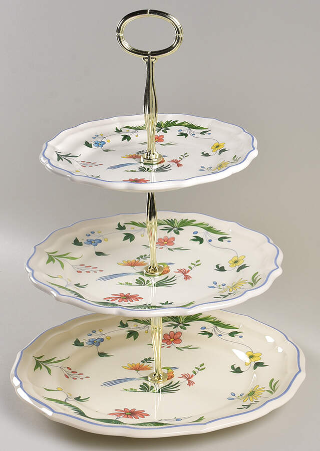 Oiseaux de Paradis 13 7/8"-14 1/4" 3-Tiered Serving Tray(DP,SP,BB) HC by Faiencerie De Gien-1
