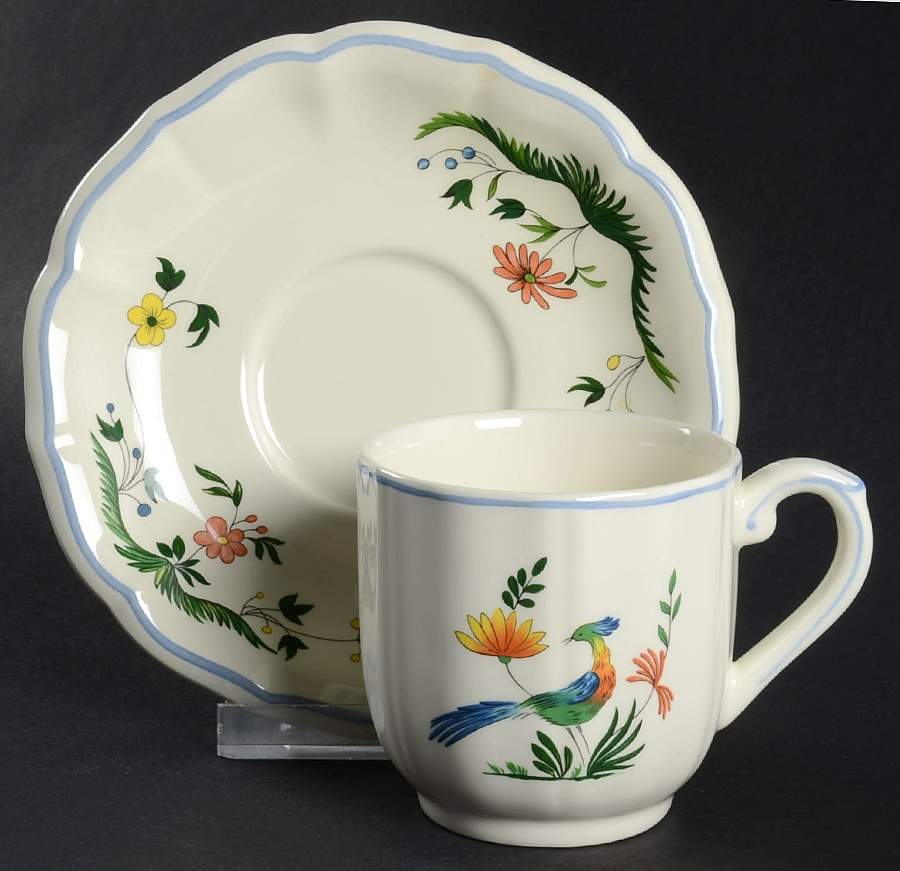 Oiseaux de Paradis Flat Demitasse Cup & Saucer Set by Faiencerie De Gien-1