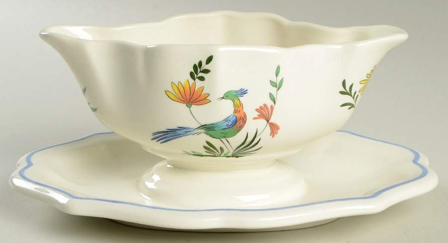 Oiseaux de Paradis Gravy Boat with Attached Underplate by Faiencerie De Gien-1