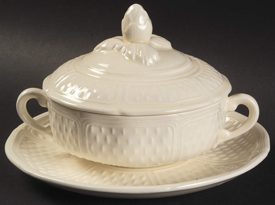Pont Aux Choux (Cream) Cream Soup Bowl & Saucer Set with Lid by Faiencerie De Gien-1