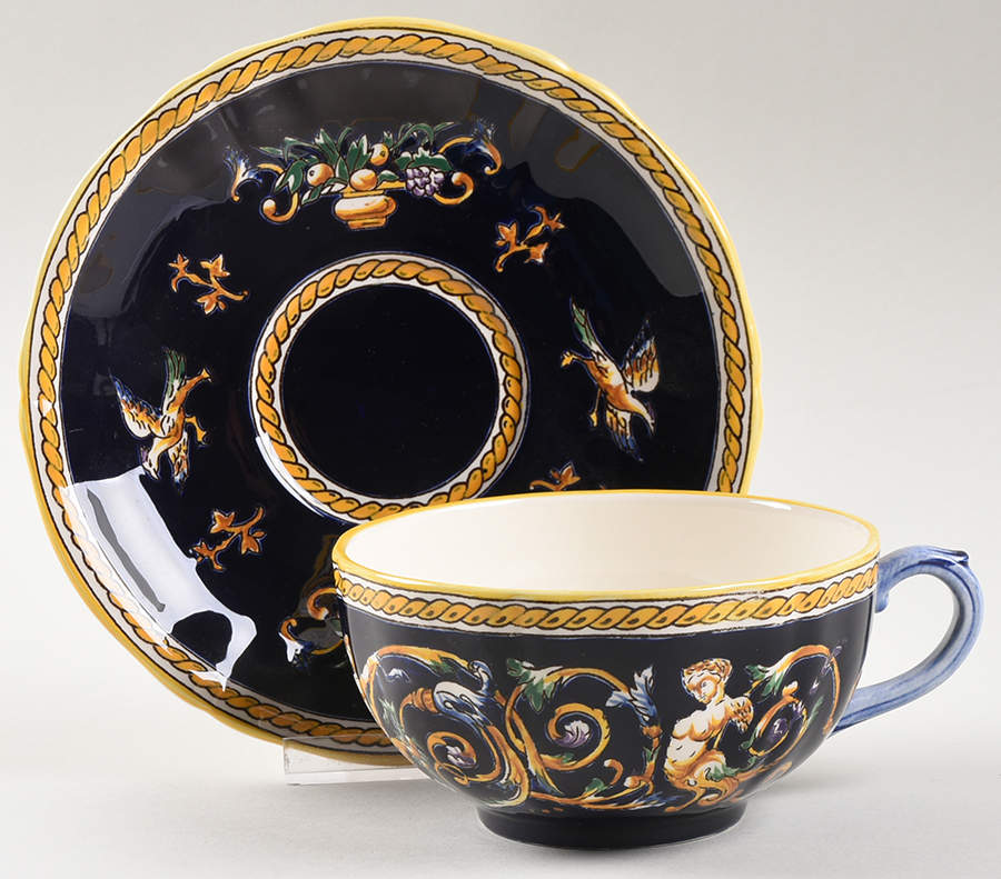 Renaissance Fond Blue Breakfast Cup & Saucer Set by Faiencerie De Gien-1