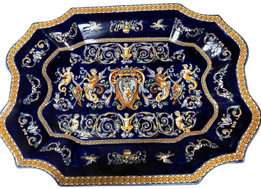 Renaissance Fond Blue 21" Oval Serving Platter by Faiencerie De Gien-1