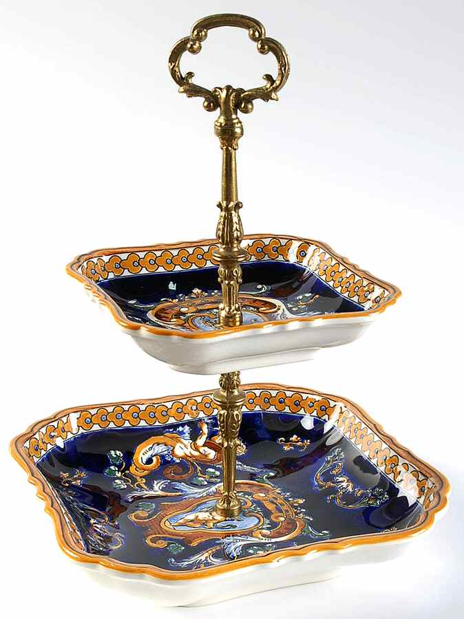 Renaissance Fond Blue 2-Tier Serving Tray by Faiencerie De Gien-1