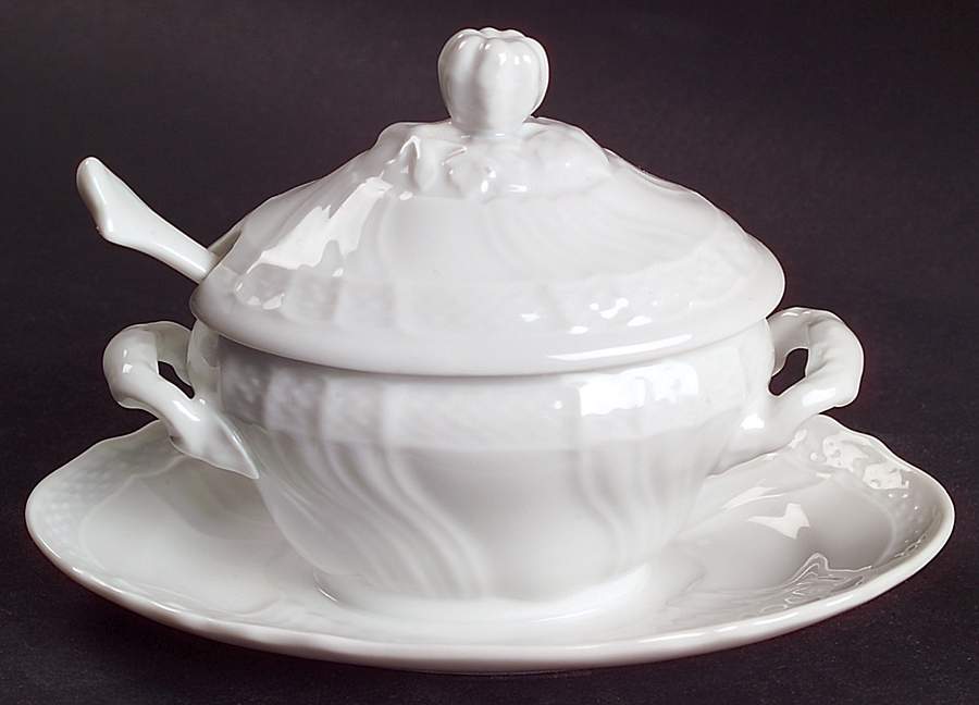 Bianco White (Vecchio Ginori Shape) Oval Mustard w/Lid, Attached Underplate & Spoon by Ginori 1735-1