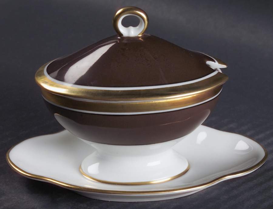 Contessa Brown Oval Mustard W/Lid & Attached Underplate by Ginori 1735-1