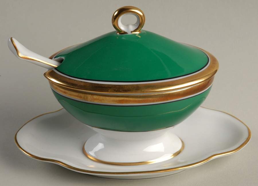 Contessa Green Oval Mustard w/Lid, Attached Underplate & Spoon by Ginori 1735-1