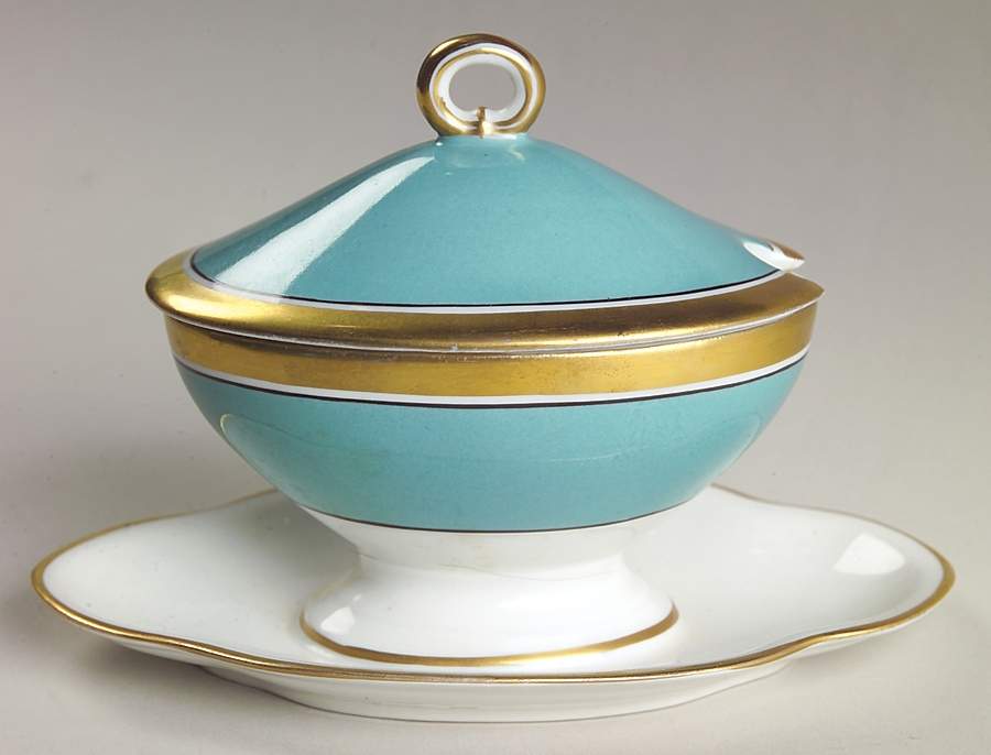 Contessa Turquoise Oval Mustard w/Lid, Attached Underplate & Spoon by Ginori 1735-1
