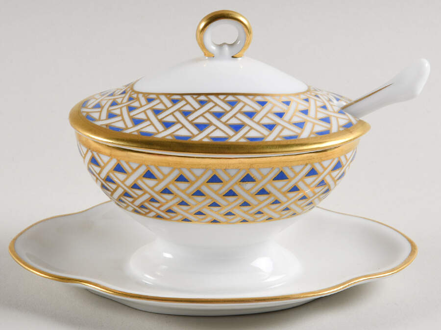 Diamante Diamanti Oval Mustard w/Lid, Attached Underplate & Spoon by Ginori 1735-1