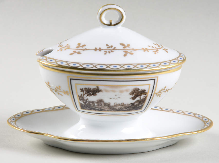 Fiesole (Italian Scene) Oval Mustard W/Lid & Attached Underplate by Ginori 1735-1