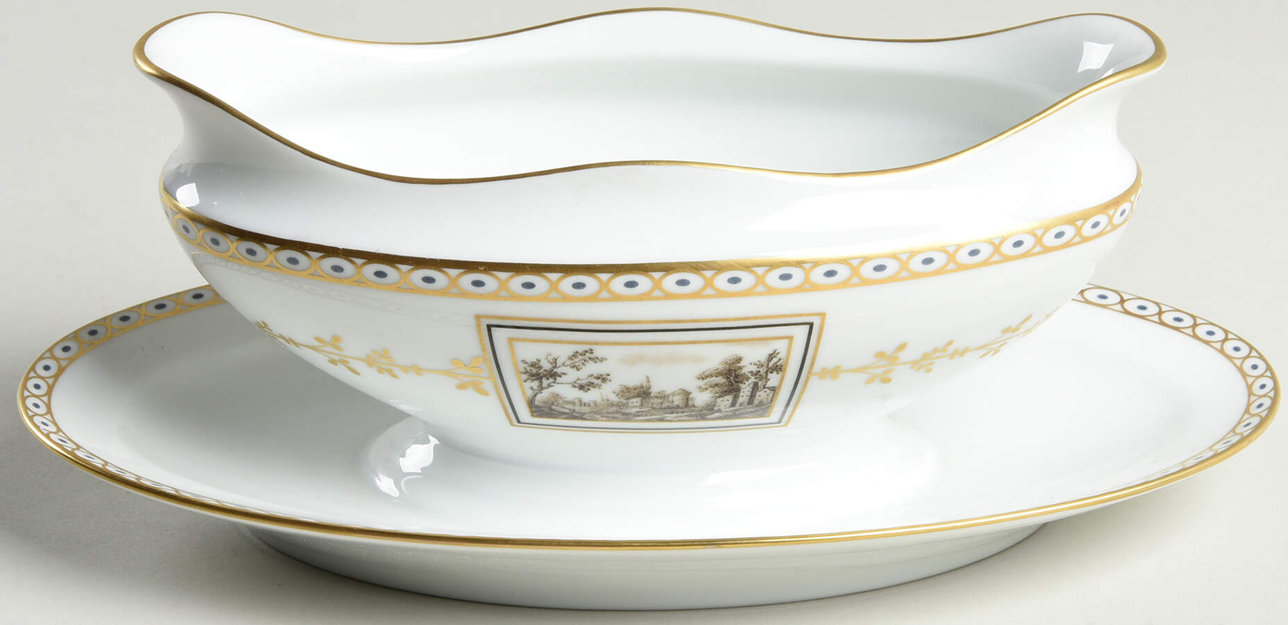 Fiesole (Italian Scene) Gravy Boat with Attached Underplate by Ginori 1735-1