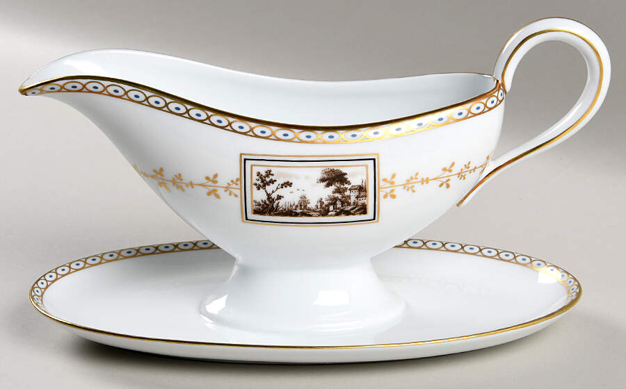 Fiesole (Italian Scene) Gravy Boat with Attached Underplate by Ginori 1735-1