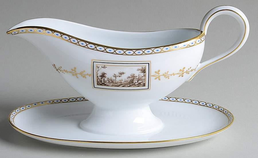 Fiesole (Italian Scene) Gravy Boat with Attached Underplate by Ginori 1735-1