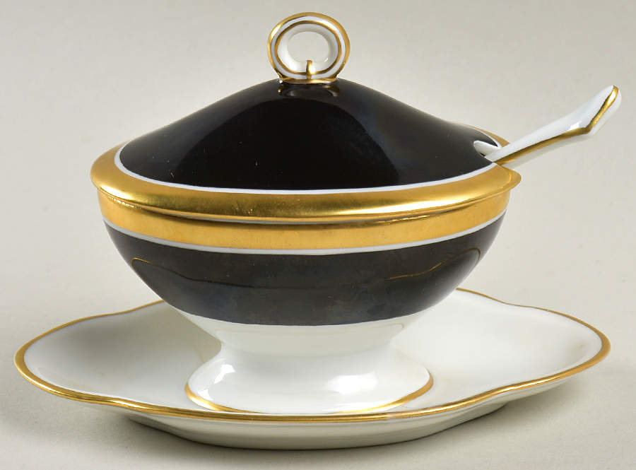 Impero Black Oval Mustard w/Lid, Attached Underplate & Spoon by Ginori 1735-1