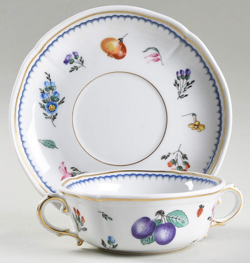Italian Fruits (Antico Doccia) Flat Cream Soup Bowl & Saucer Set by Ginori 1735-1