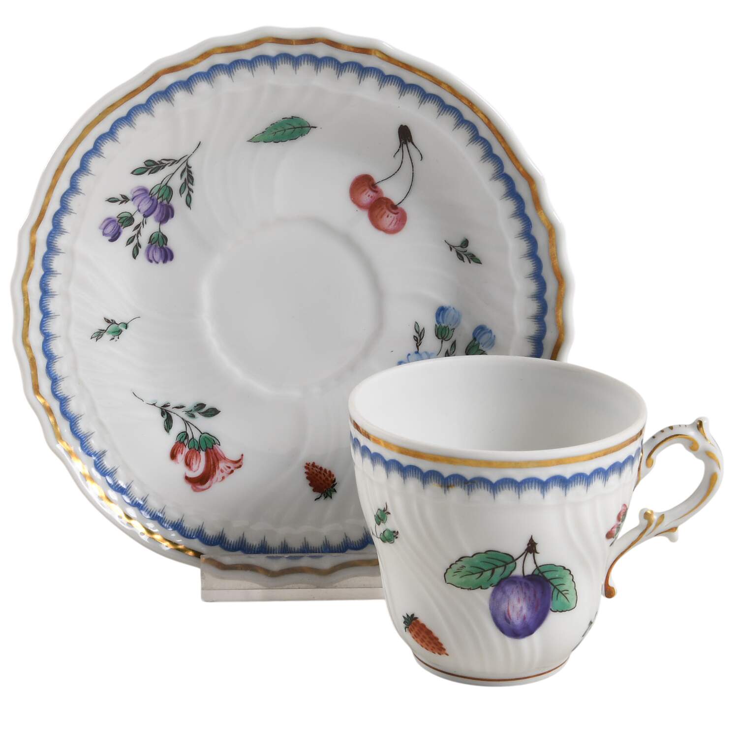 Italian Fruits (Antico Doccia) Flat Demitasse Cup & Saucer Set by Ginori 1735-1