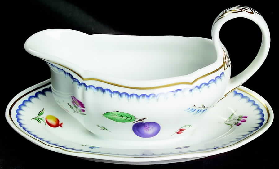 Italian Fruits (Antico Doccia) Gravy Boat with Attached Underplate by Ginori 1735-1