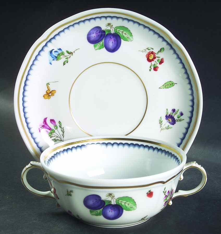 Italian Fruits (Antico Doccia) Flat Cream Soup Bowl & Saucer Set by Ginori 1735-1