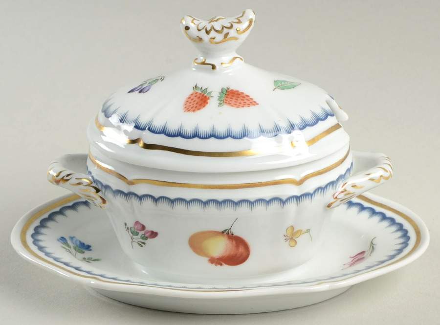 Italian Fruits (Antico Doccia) Mustard with Lid & Attached Underplate by Ginori 1735-1