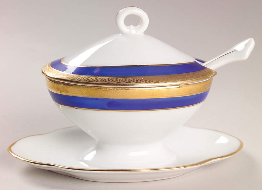 Palermo Blue Oval Mustard w/Lid, Attached Underplate & Spoon by Ginori 1735-1