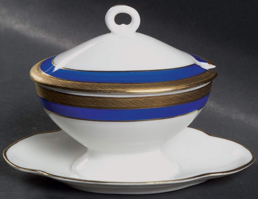 Palermo Blue Oval Mustard W/Lid & Attached Underplate by Ginori 1735-1